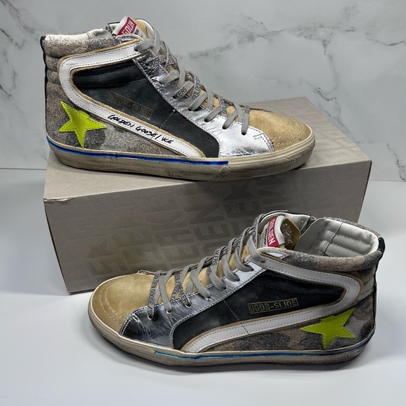 Golden Goose Slide Double Quarter Suede Toe Camo Print Leather Star High Sneaker - Picture 2 of 16